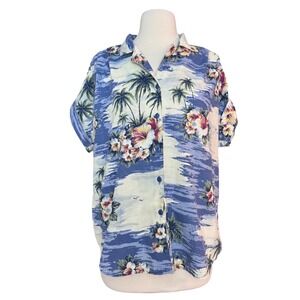 Vintage 90's Women's Hawaiian Button Shirt Large Palm Trees Vacation pool party
